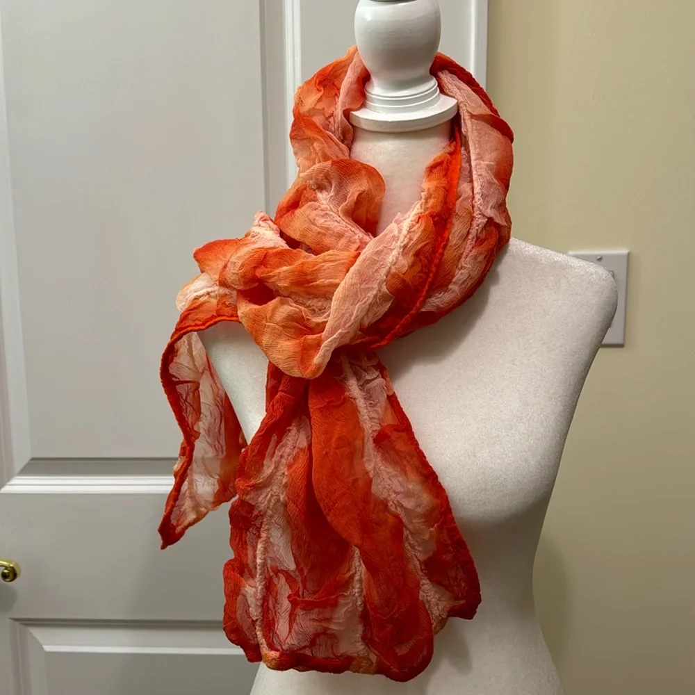 Vintage Masino Silk and Wool Crinkle Scarf in vibrant orange hues.